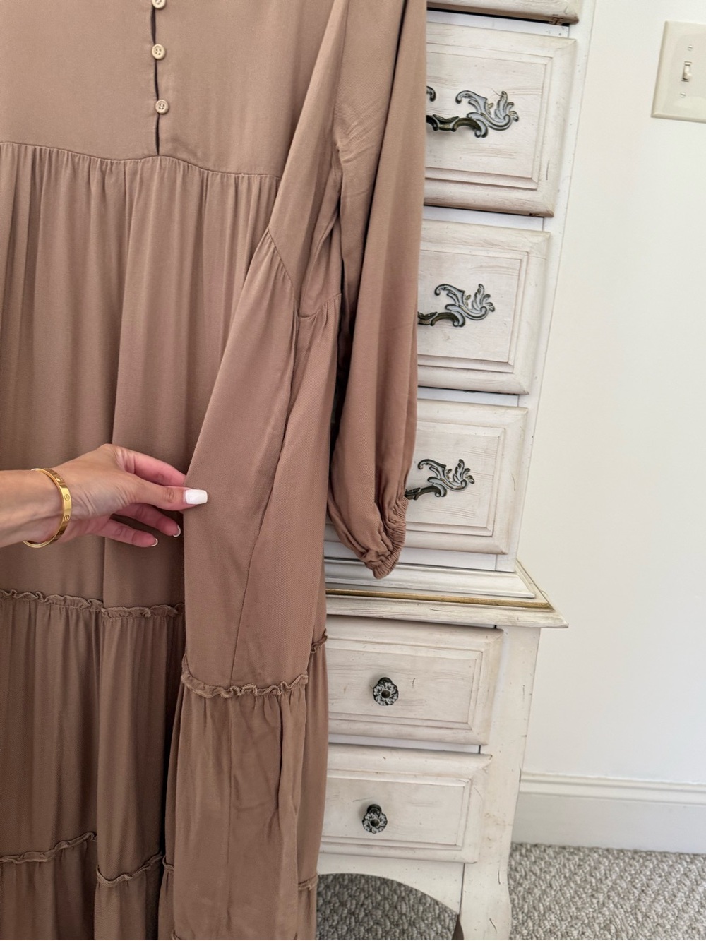 Tan Boho Tiered Pocketed Midi Dress - Picture 4 of 5